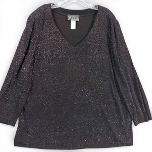 Alex Evenings 2X Black Glitter V-Neck Top Long Sleeve Stretch Evening Blouse